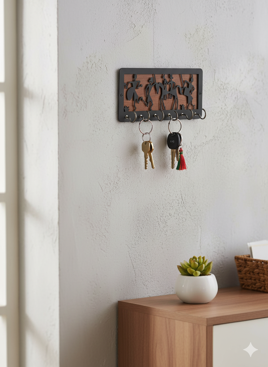 Tribal Art Wooden and Metal Key Holder - Image 3